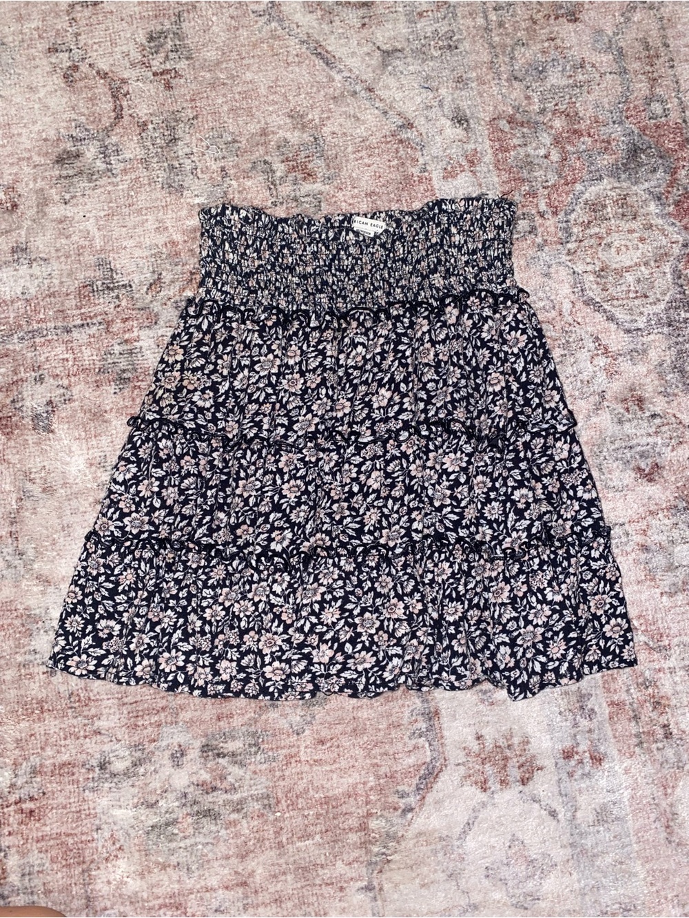 American Eagle Outfitters black Floral Smocked Tiered Mini